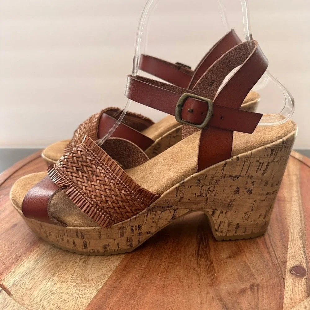 Jellpop Sharna Brown Woven Fringe Womens 8M Cork Platform‎ Wedge Sandals